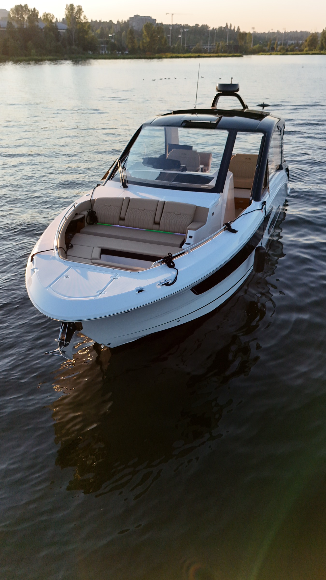 Aerial view of Sea Raptor's bow seating and cockpit at sunset
